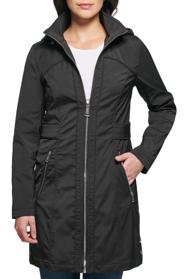 Hooded Soft Shell Ruched Back Longline Rain Coat, Main, color, BLACK