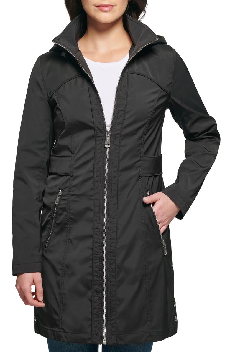 GUESS Hooded Soft Shell Ruched Back Longline Rain Coat, Main, color,