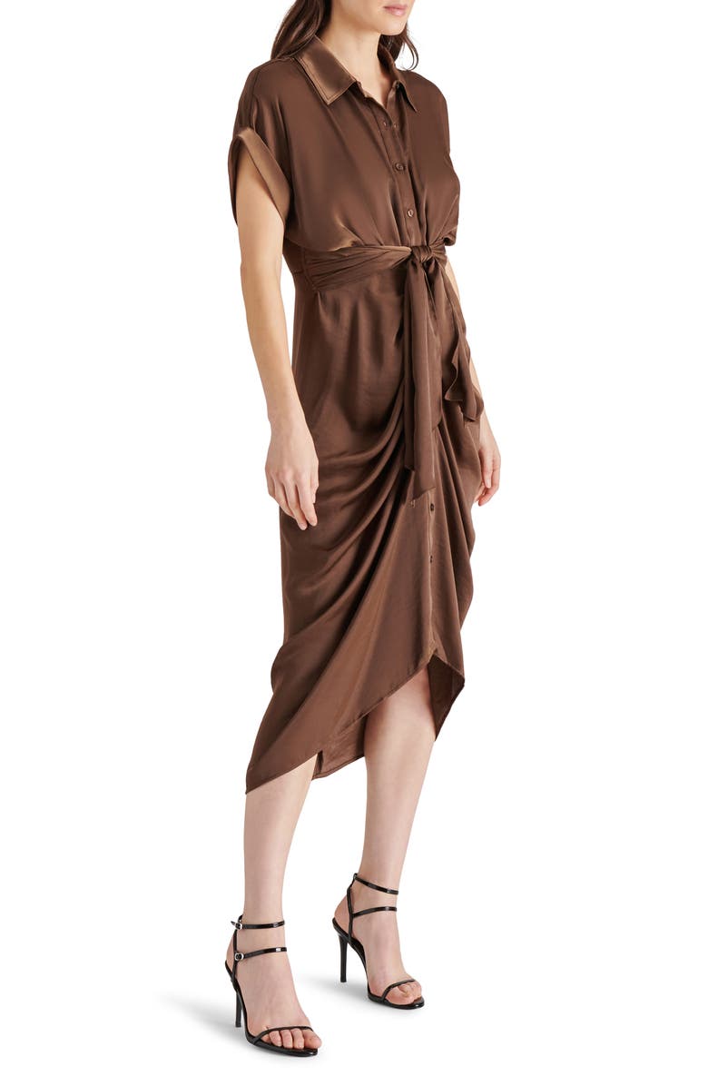 Steve Madden Tori Tie Waist Satin Midi Shirtdress, Alternate, color, Coco