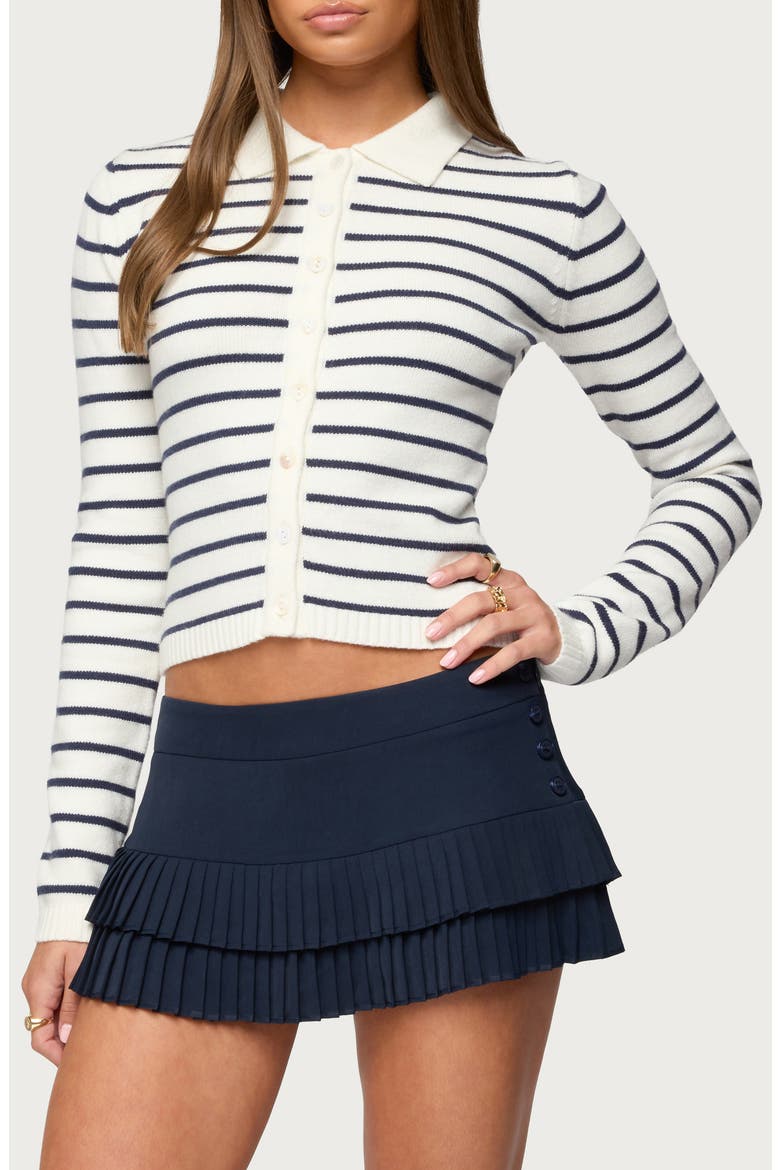 Loreen Stripe Collared Crop Cardigan, Main, color, CREAM-AND-NAVY