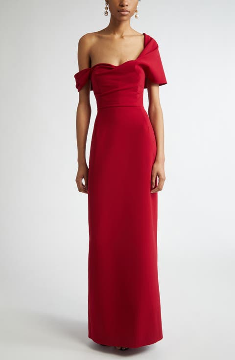 Draped Off the Shoulder Crepe Column Gown