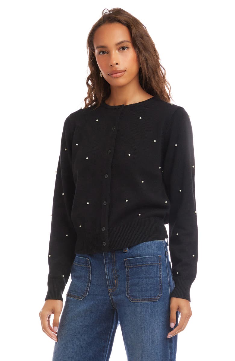 Karen Kane Faux Pearl Embellished Crewneck Cardigan, Alternate, color, Black