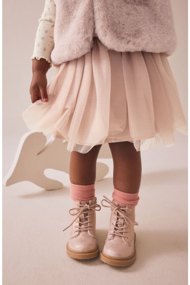 Kids' Floral Print T-Shirt, Faux Fur Vest & Tulle Skirt Set, Alternate, color, PINK