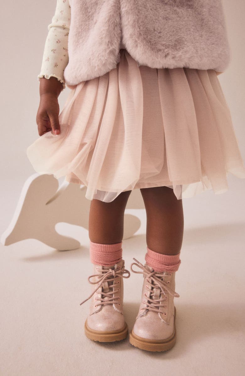 NEXT Kids' Floral Print T-Shirt, Faux Fur Vest & Tulle Skirt Set, Alternate, color, Pink