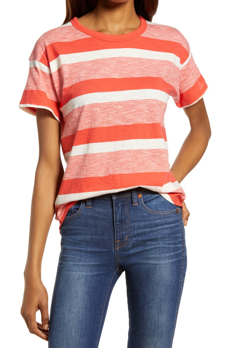 Whisper Cotton Rib Crewneck T-Shirt, Main, color, BLOOD ORANGE