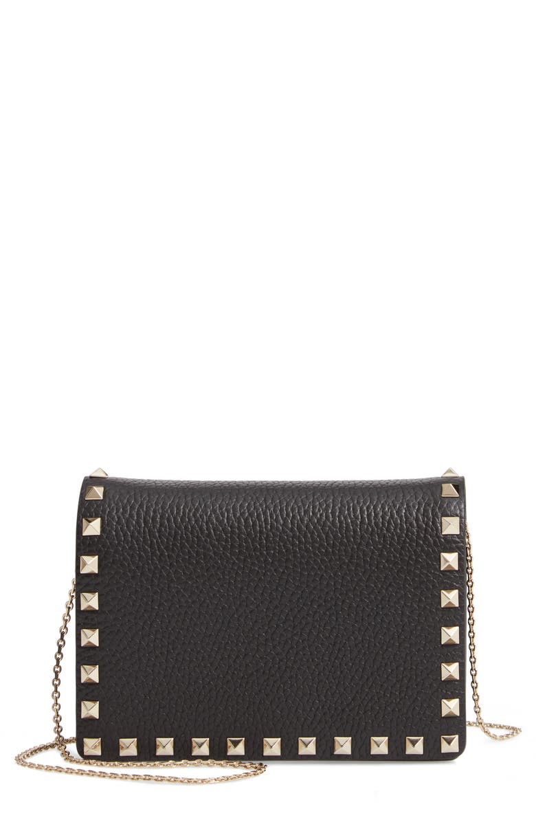 Valentino Garavani Rockstud Leather Pouch Wallet on a Chain, Main, color, 