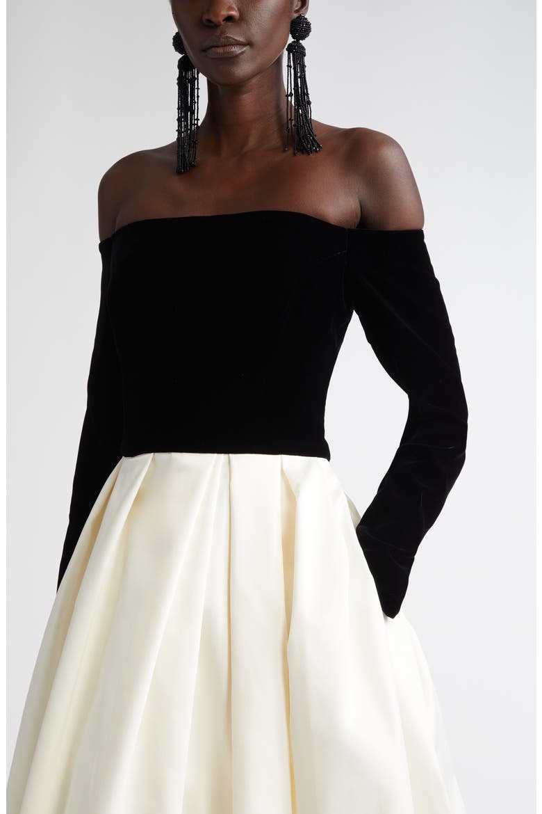 Off the Shoulder Long Sleeve Velvet & Satin Midi Dress, Alternate, color, BLACK/ WHITE