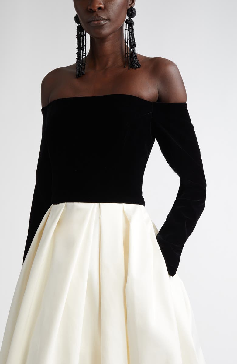 Carolina Herrera Off the Shoulder Long Sleeve Velvet & Satin Midi Dress, Alternate, color, Black/ White