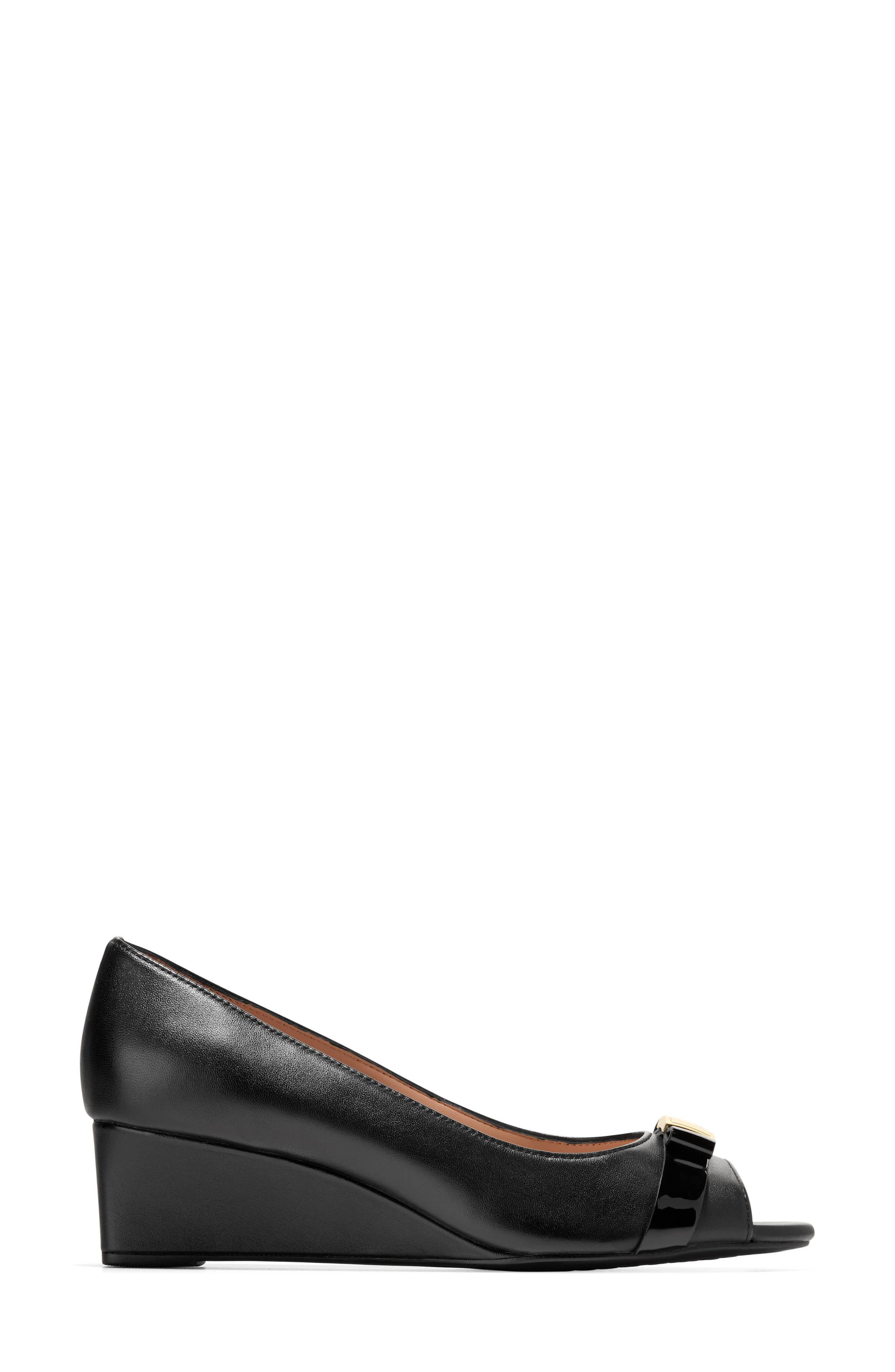 Cole Haan Go-To Malta Bow Peep Toe Wedge Pump, Alternate, color, Black Leather