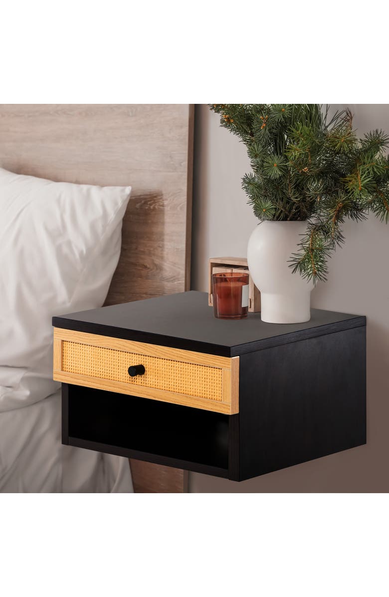 JONATHAN Y Celerie Mid-Century Modern Floating Wall Mounted Nightstand with Soft-Close Rattan Drawer and Cable Hole, Alternate, color, Black/Light Oak