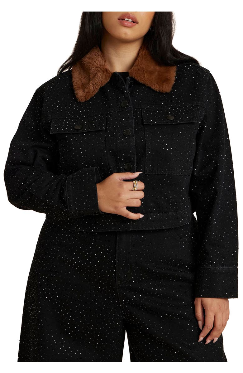 ELOQUII Embellished Denim Jacket With Fur Collar, Main, color, Black Rinse