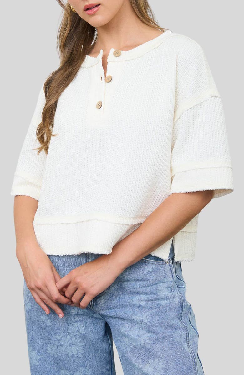 Blu Pepper Elbow Length Waffle Knit Henley Top, Main, color, Cream