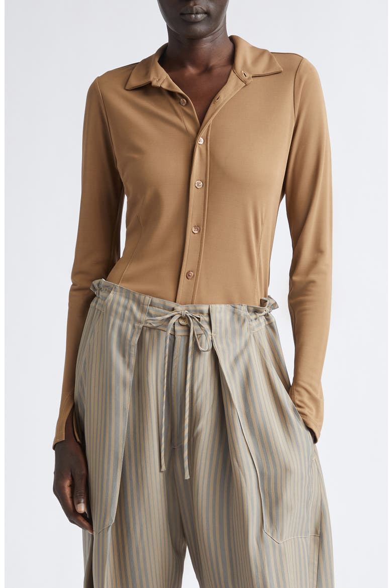 Frankie Matte Jersey Button-Up Shirt, Main, color, NUTMEG