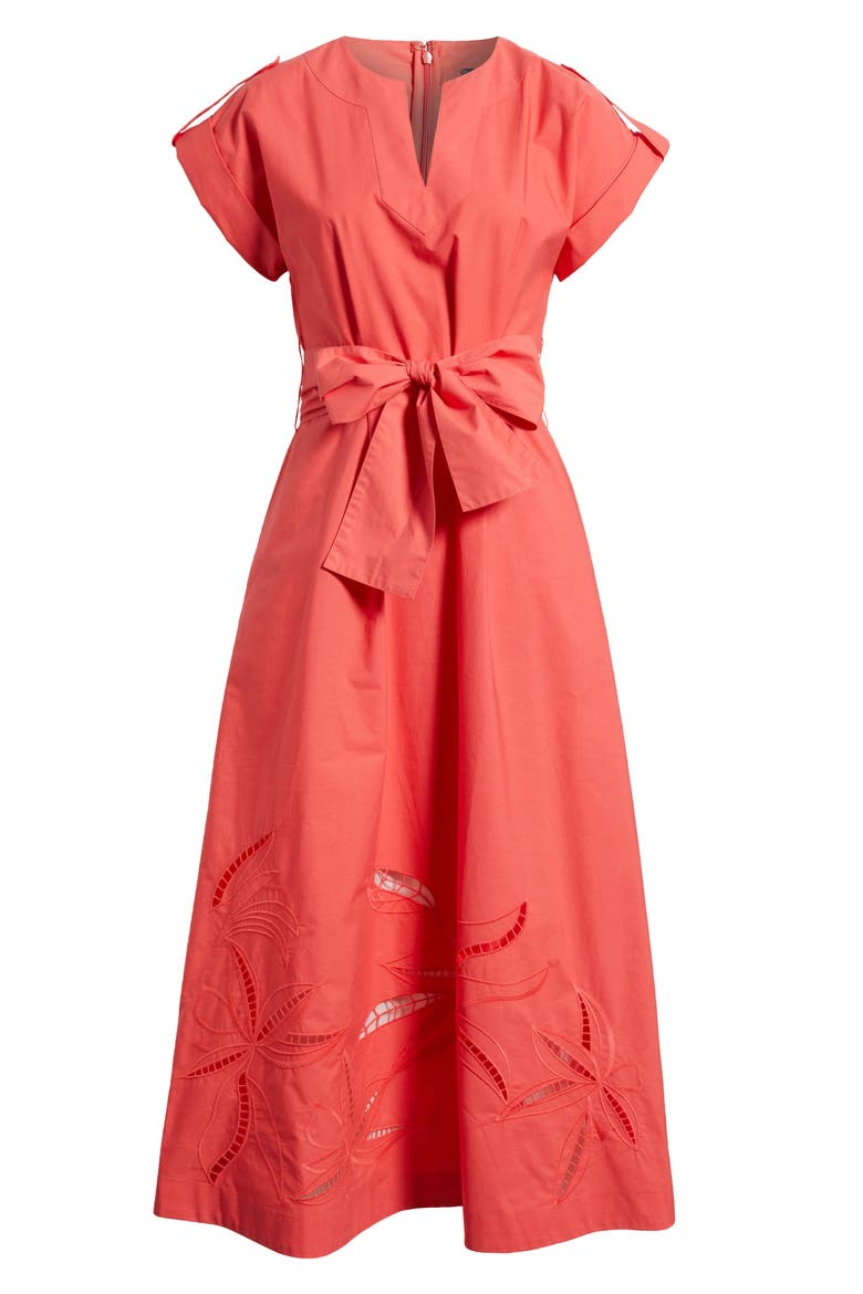 Ladder Stitch Embroidered Tie Belt Cotton Poplin Midi Dress, Alternate, color, CORAL