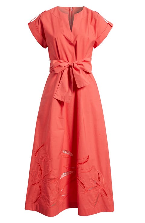 Ladder Stitch Embroidered Tie Belt Cotton Poplin Midi Dress