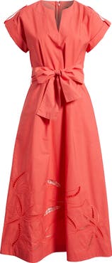 Vince Camuto Ladder Stitch Embroidered Tie Belt Cotton Poplin Midi Dress