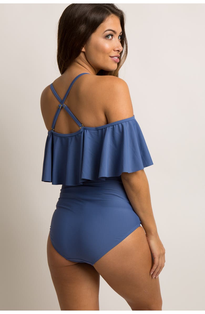 PinkBlush Ruffle Trim Ruched One-Piece Maternity Swimsuit, Alternate, color, Periwinkle