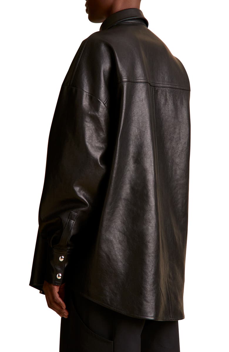 Khaite Bea Oversize Leather Snap-Up Shirt, Alternate, color, 