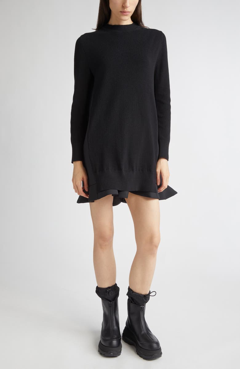 Sacai Suiting Mixed Media Long Sleeve Sweater Dress, Main, color, Black