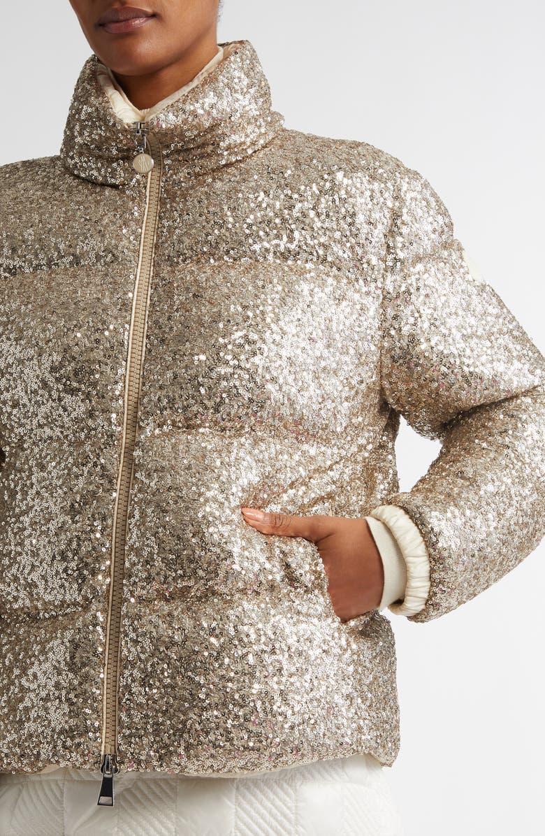 Moncler Anternes Sequin Down Puffer Jacket, Alternate, color, Yellow Gold