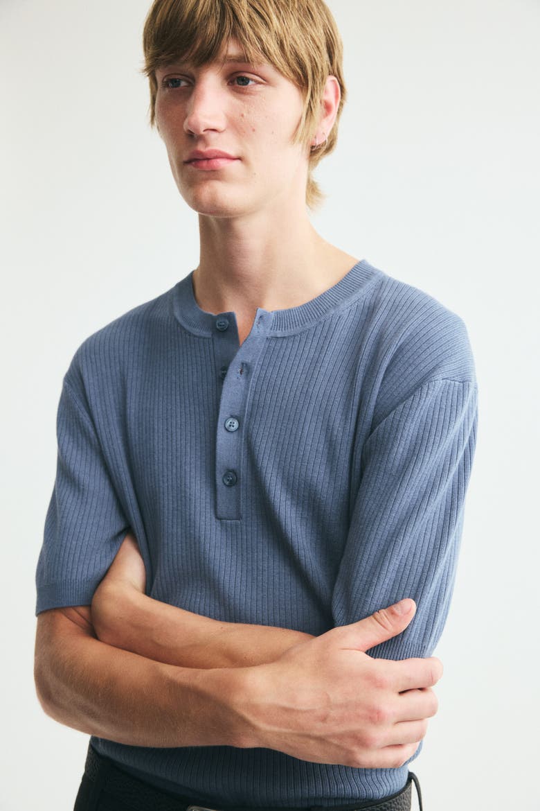 Slim-fit Fine-knit Henley Shirt, Alternate, color, Dark dusty blue