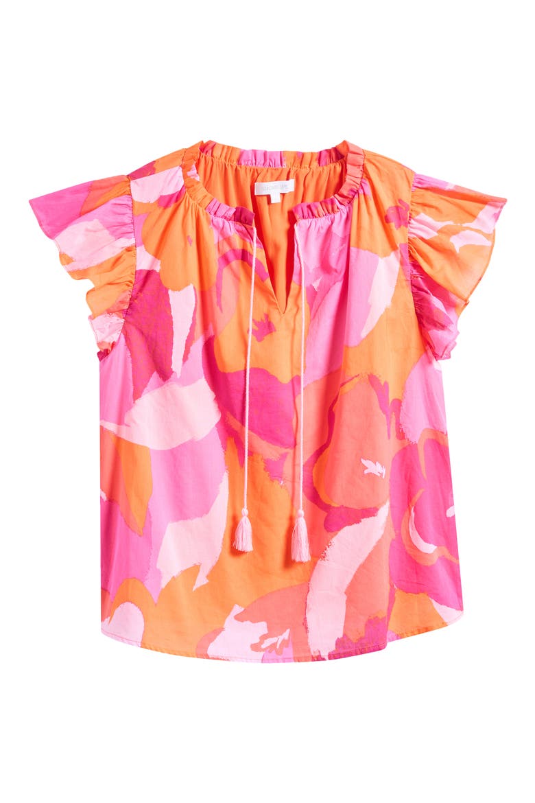 Merim Deniza Floral Split Neck Cotton Top, Main, color, ORANGE PINK MULTI