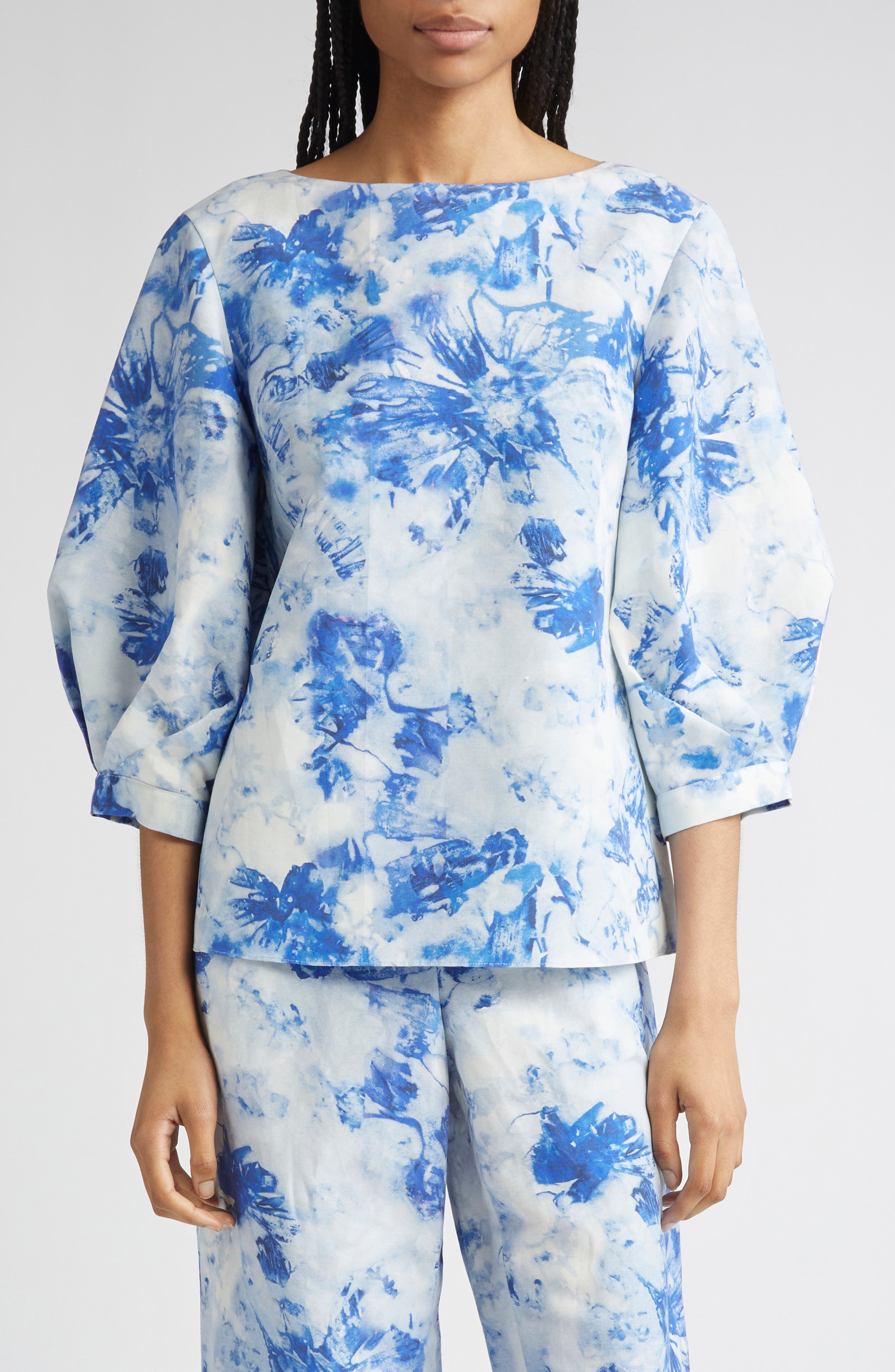 Lafayette 148 New York Floral Balloon Sleeve Silk & Linen Blouse
