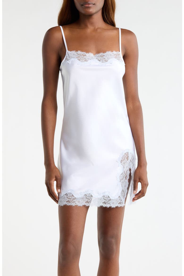 Lace Trim Satin Chemise, Main, color, WHITE