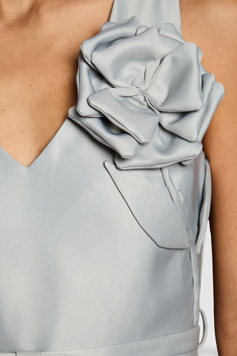 Structured Satin 3D Corsage Midi Dress, Alternate, color, Silver