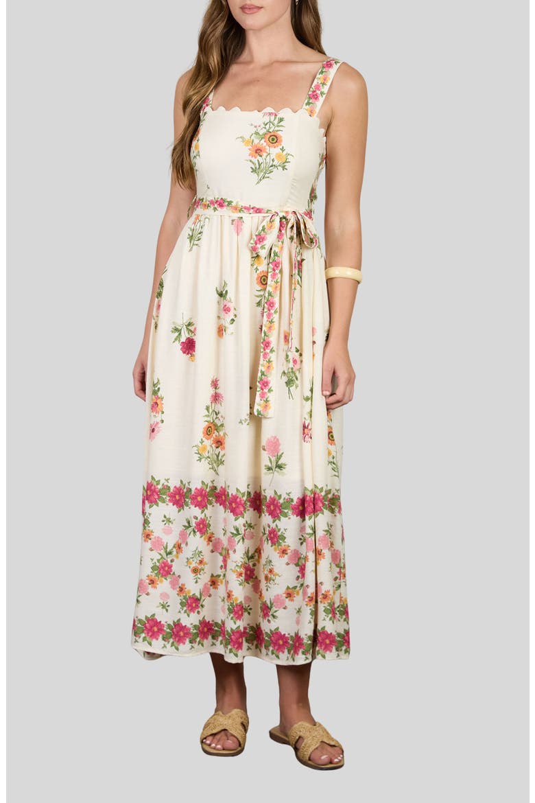 Belted Floral Scallop Edge Midi Dress, Main, color, LIGHT KHAKI MULTI