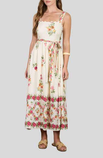 Belted Floral Scallop Edge Midi Dress