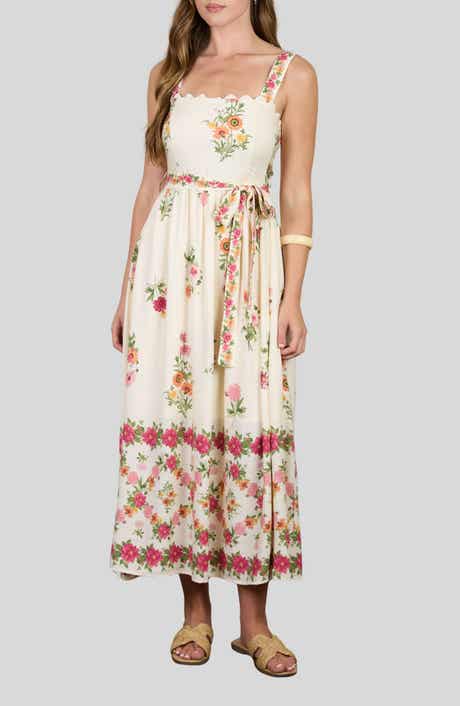 Belted Floral Scallop Edge Midi Dress