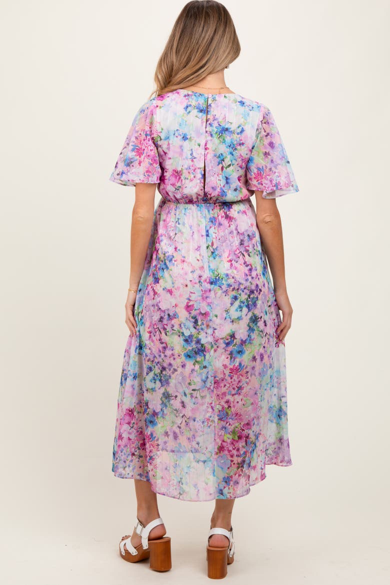 Watercolor Floral Flutter Sleeve Midi Dress, Alternate, color, Light Pink