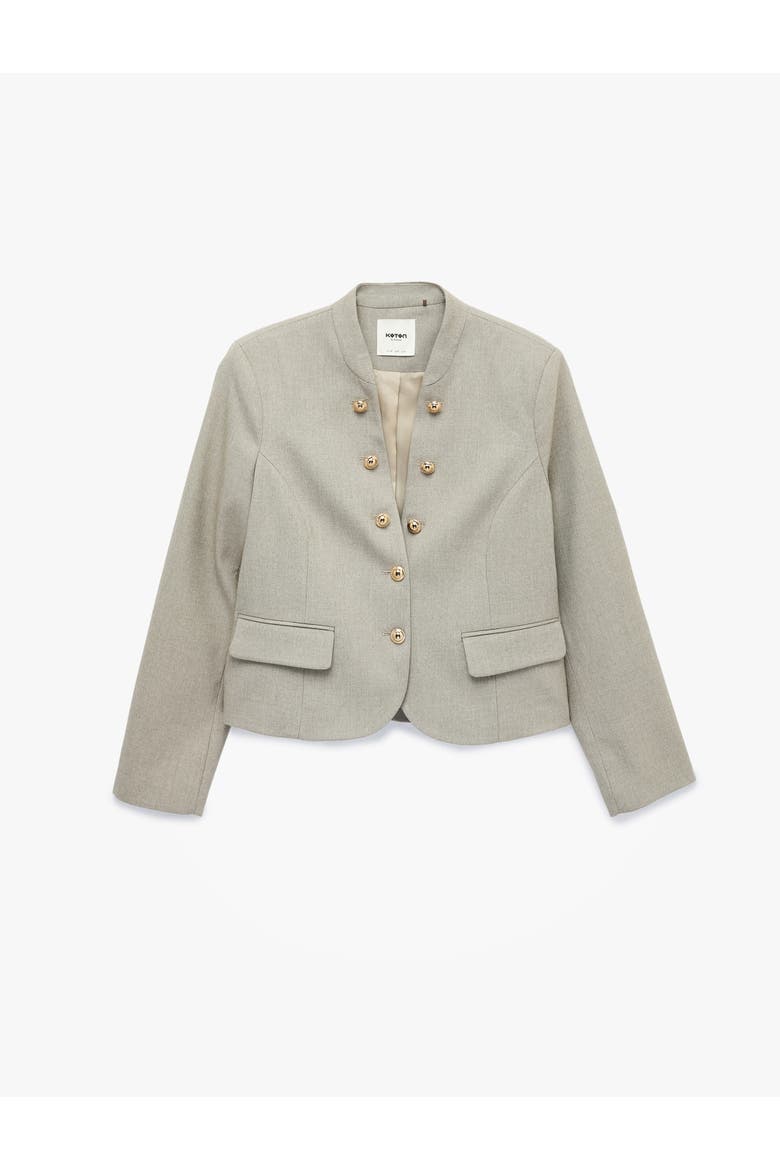 Stand Collar Long Sleeve Military Blazer with Gold Button Detail, Alternate, color, BEIGE