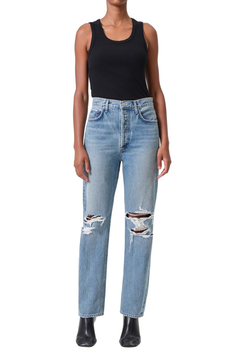 '90s Pinch Waist Ripped High Waist Straight Leg Jeans, Alternate, color, BACKDROP