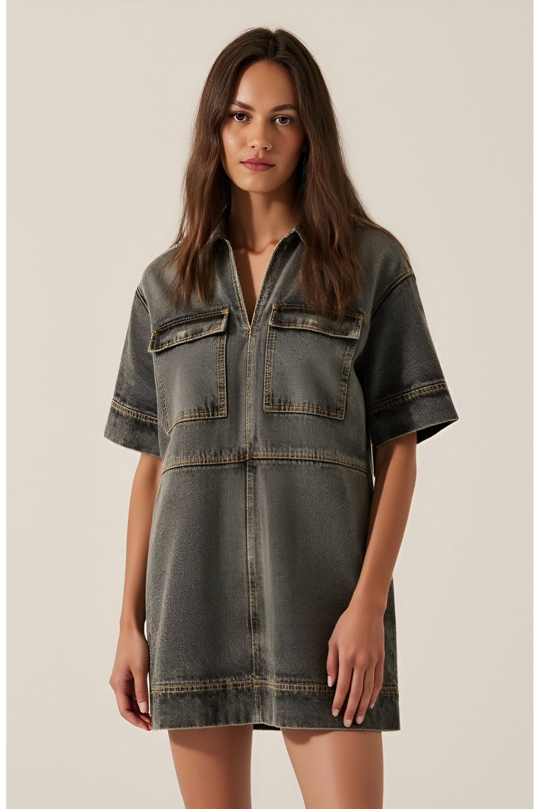 Solid Denim Mini Shirt Dress with Collared V-Neck, Short Sleeves and Chest Flap Pockets, Alternate, color, Washed Black