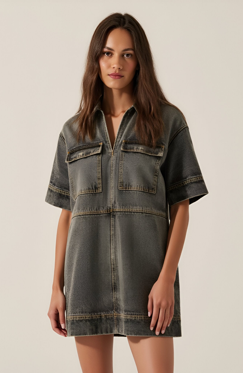 Modenaire Solid Denim Mini Shirt Dress with Collared V-Neck, Short Sleeves and Chest Flap Pockets, Alternate, color,
