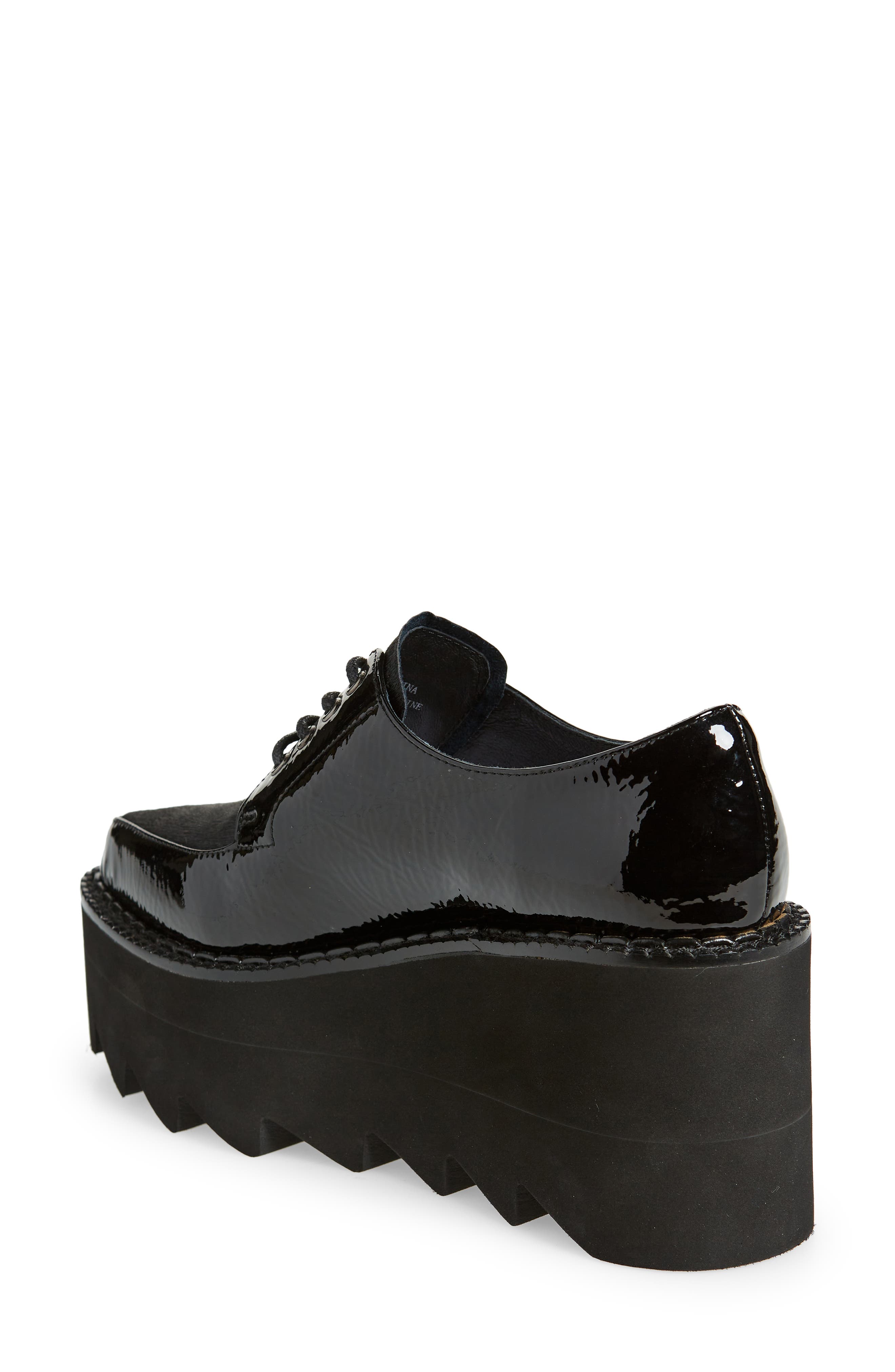 Jeffrey Campbell Leather & Genuine Calf Hair Wedge Platform Derby, Alternate, color, Black Patent/ Black Calf Hair