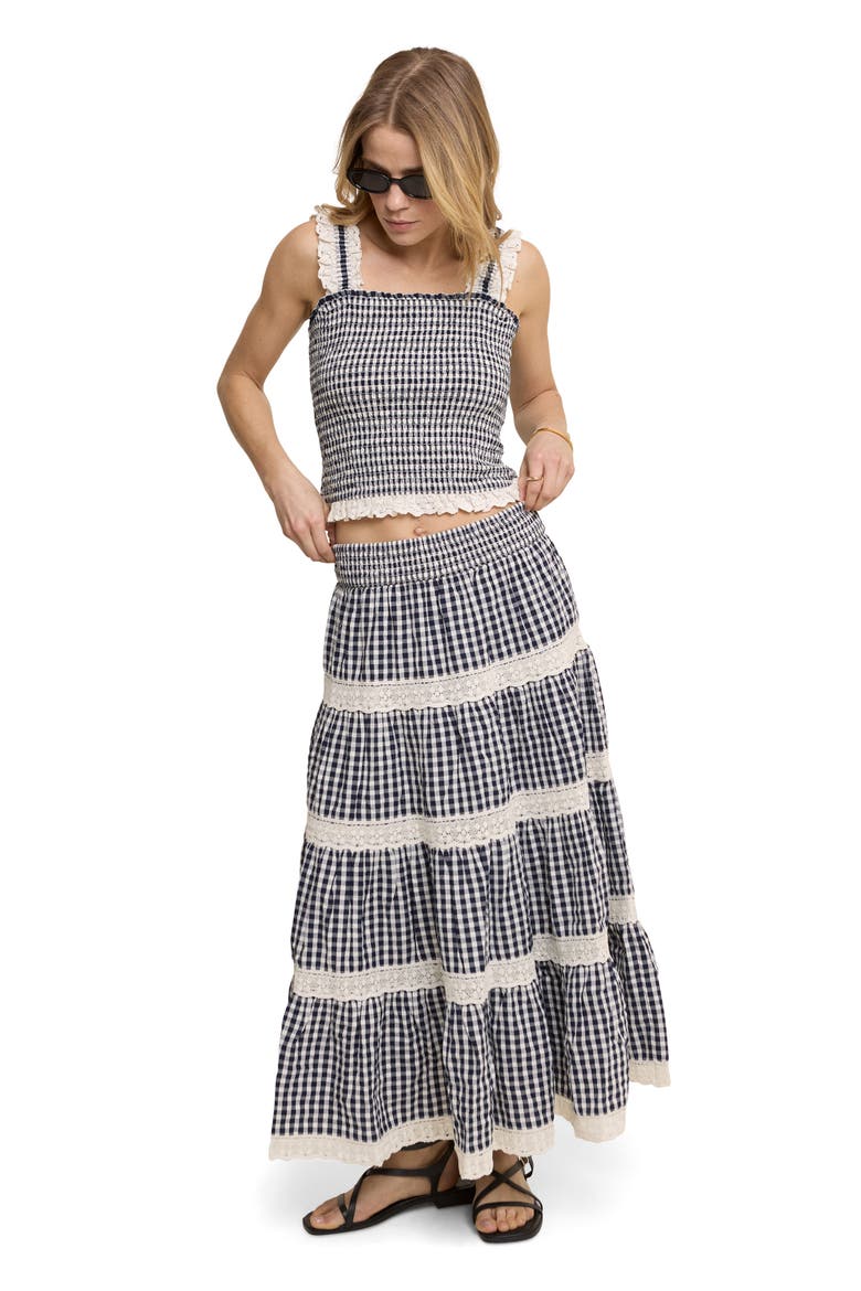 Leonor Tiered Lace Trim Cotton Skirt, Alternate, color, BLACK