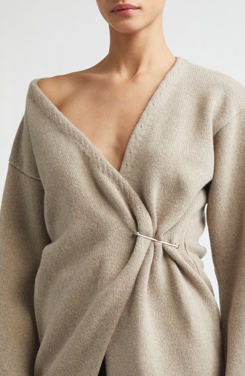 Róhe Safety Pin Off the Shoulder Wool & Cashmere Wrap Cardigan, Alternate, color, Light Taupe