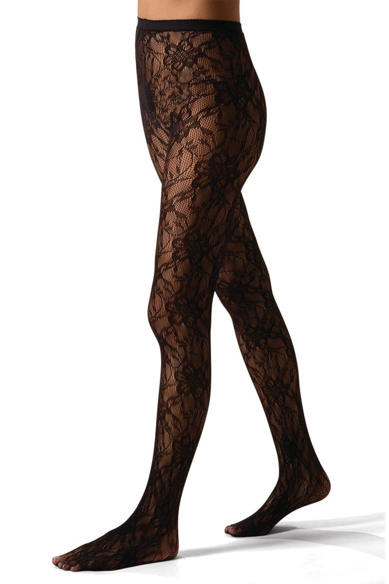 Blooming Floral Net Tights, Main, color, BLACK