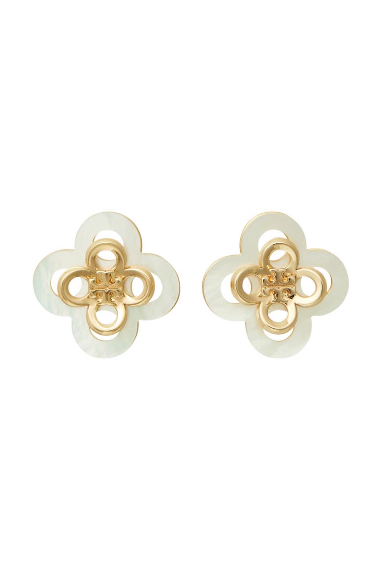 Kira Stacked Clover Stud Earrings, Main, color, TORY GOLD / MOTHER OF PEARL