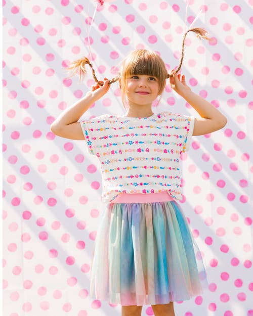 Deux Par Deux Girl's Bi-material Dress With Mesh Skirt Multicolored Tie Dye And White In Multicolored Tie Dye And White