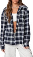 EDIKTED Plaid Cotton Blend Flannel Button-Up Hoodie