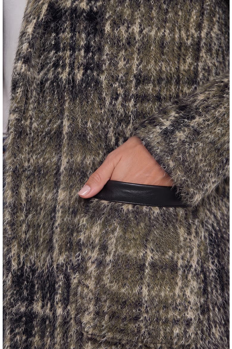 Faux Leather Trim Plaid Sweater Coat, Alternate, color, OLV/ BLK MLT PLD