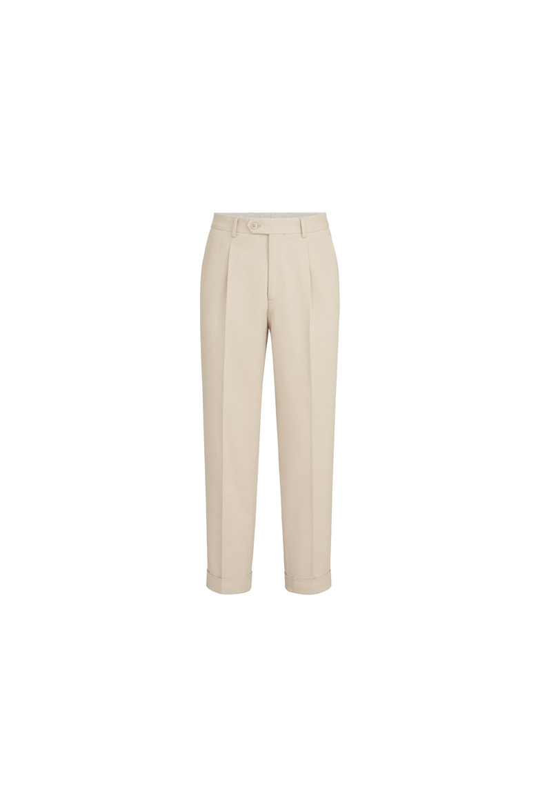 Cotton and virgin wool gabardine trousers with pleat, Alternate, color, Ivory