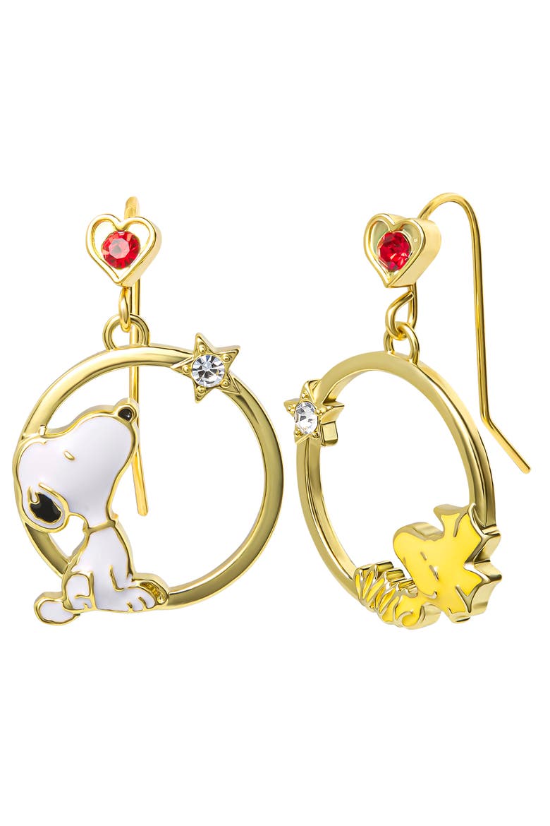 Woodstock and Snoopy Mismatch Dangle Hoop Earrings for Women, Main, color, Gold