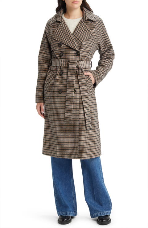 Plaid Wool Blend Trench Coat