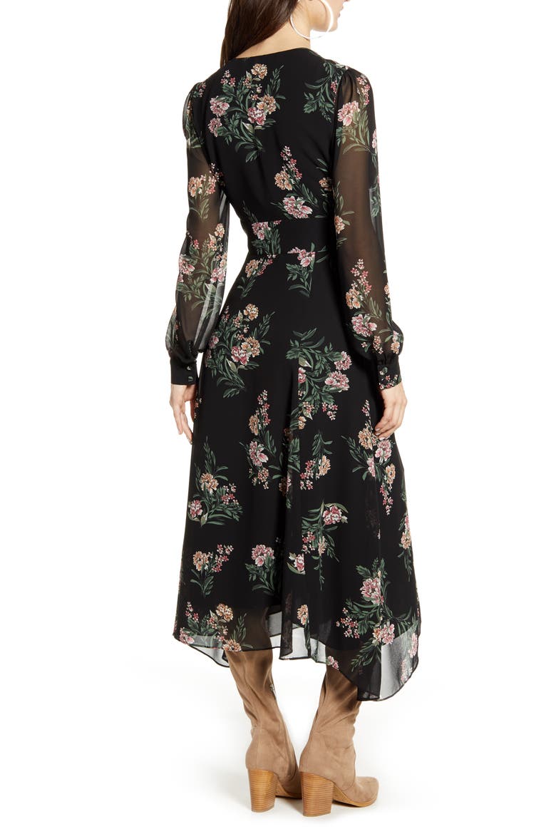 Floral Long Sleeve Midi Dress, Alternate, color, BLACK/ MAUVE MULTI FLORAL