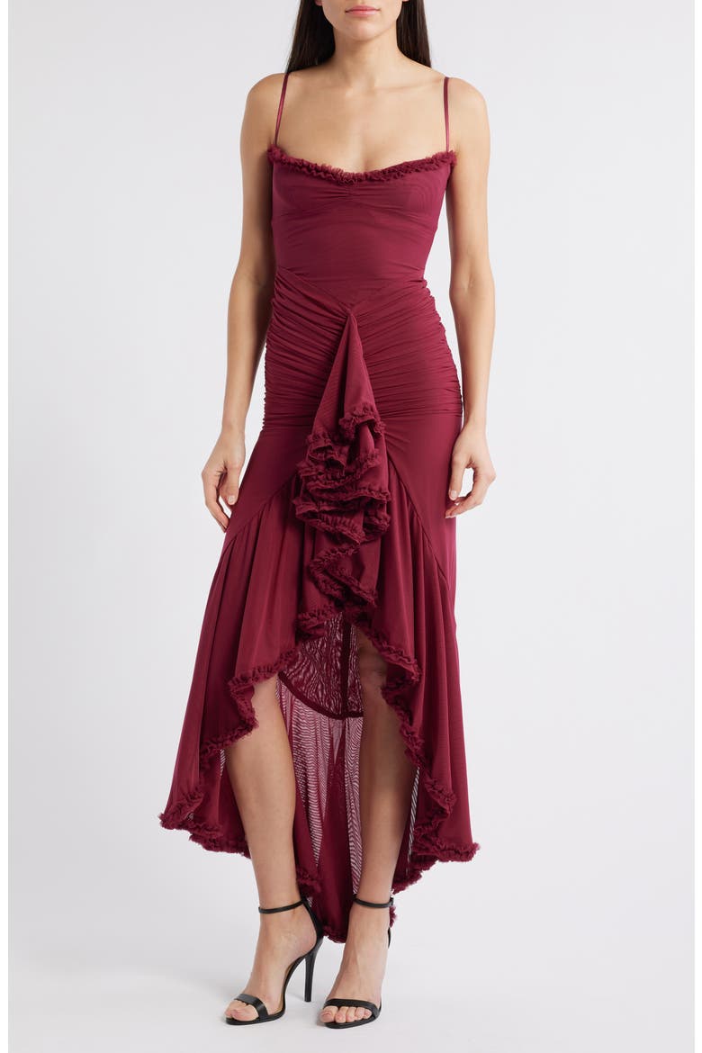 Gabbi Ruffle Mesh High-Low Cocktail Dress, Alternate, color, BEET RED